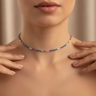 שרשרת צ'וקר / קולר טניס מכסף בשיבוץ צבעוני