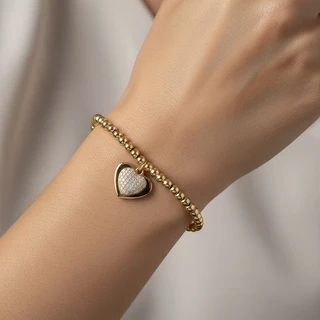 צמיד כדורים ותליוני לב גולדפילד בחריטה אישית דגם H8