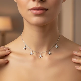 שרשרת צ'וקר / קולר 5 כוכבים מכסף משובץ