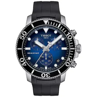 שעון יד לגברים Tissot עם רצועת סיליקון שחורה, חוגה כחולה עם כרונוגרף, זכוכית ספיר, מראה קדמי.