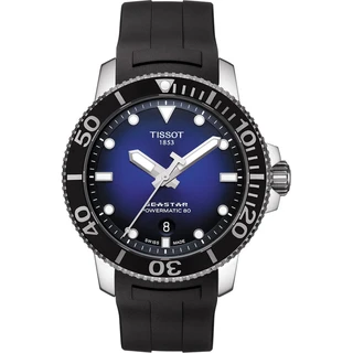 שעון יד לגברים Tissot Seastar, רצועת גומי שחורה, חוגה כחולה, זווית קדמית.