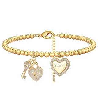 צמיד פלדה כדורים ותליוני לב בציפוי זהב בחריטה אישית דגם B3