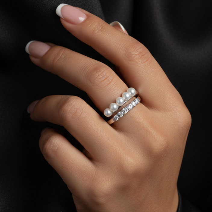 טבעת טורי מכסף משובץ ופנינים