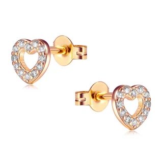 זוג עגילים לב חלול רוז גולד משובץ