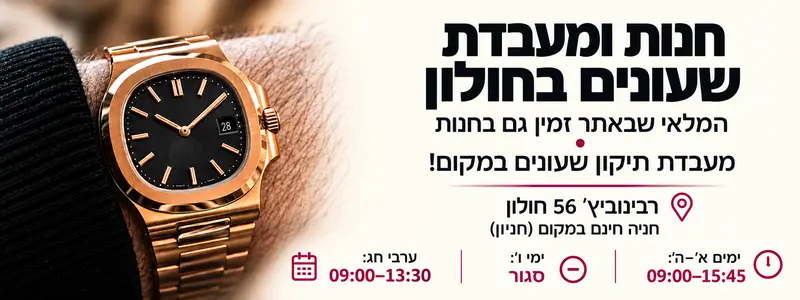 עמוד בית 3 חנות ומעבדת שעונים בחולון – רבינוביץ׳ 56. א׳–ה׳ 09:00–15:45, ימי ו׳ סגור, ערבי חג 09:00–13:30